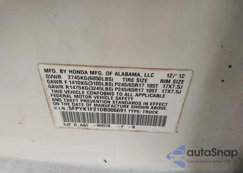 2013 Honda Ridgeline Rt z USA, uszkodzony, nr VIN 5FPYK1F21DB006691